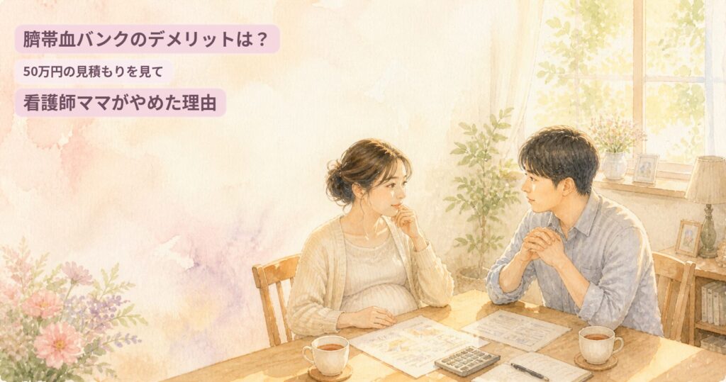 夫婦が臍帯血バンクの見積書を見ながらダイニングで話し合う水彩イラスト