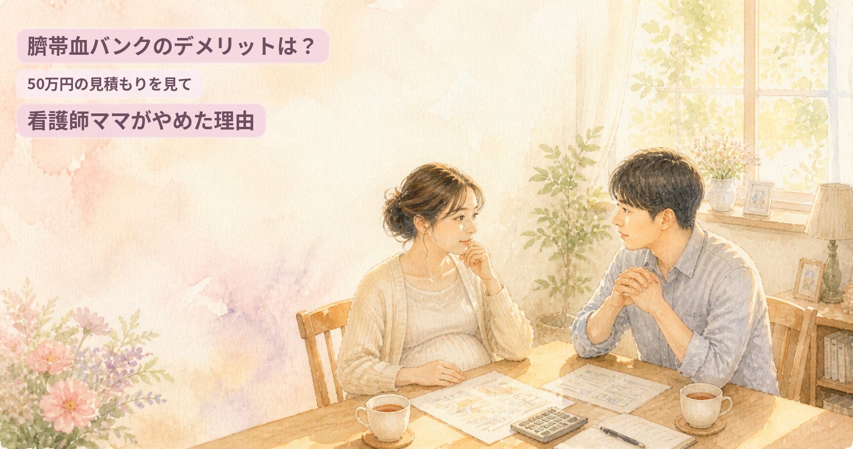 夫婦が臍帯血バンクの見積書を見ながらダイニングで話し合う水彩イラスト