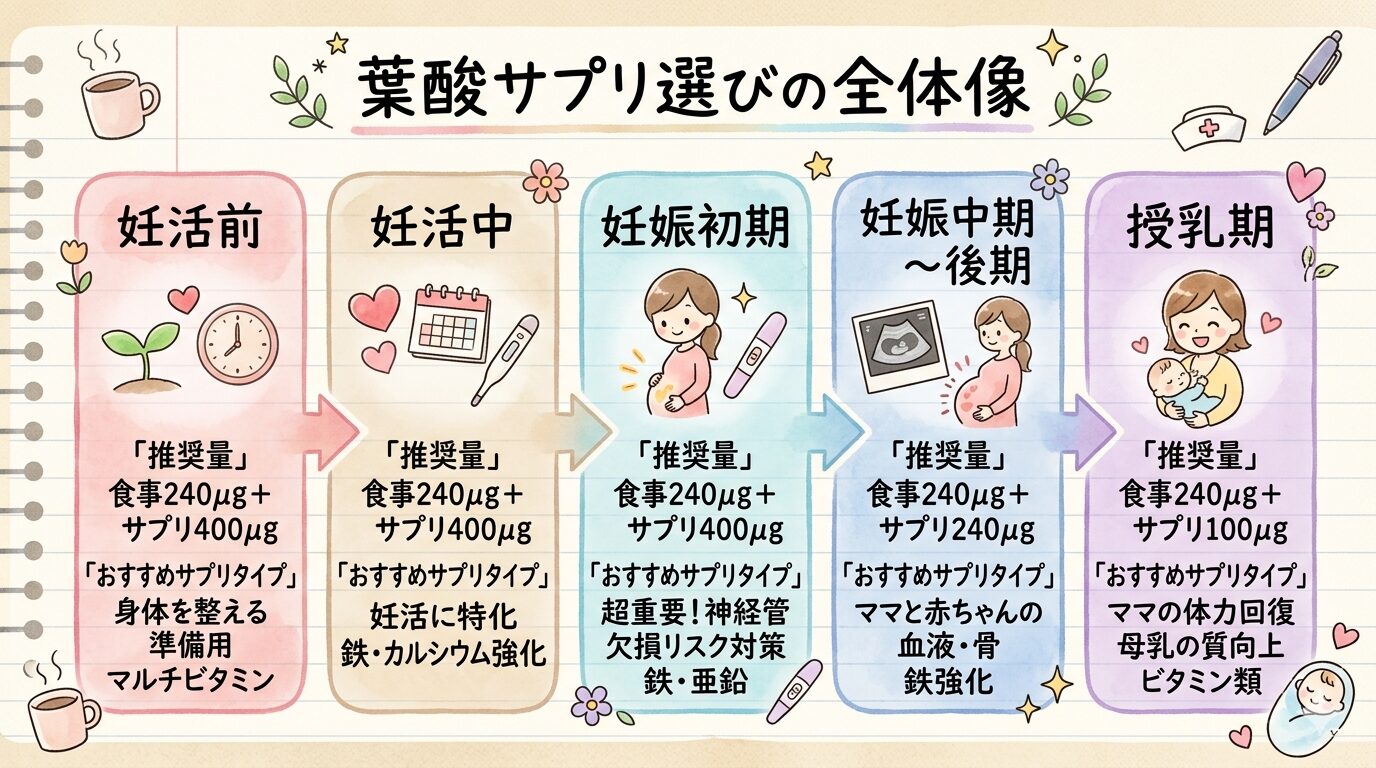 ライフステージ別の葉酸サプリ選びまとめ図解