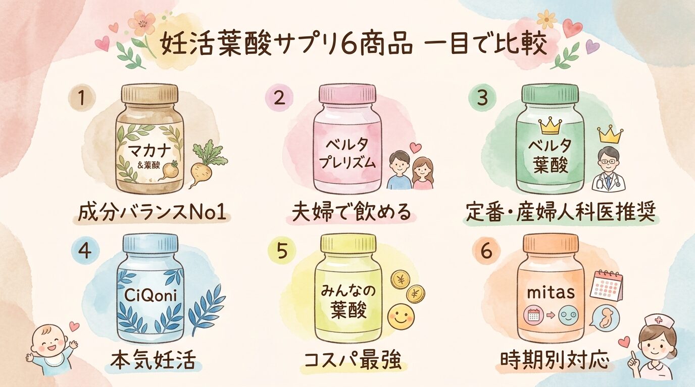 妊活葉酸サプリ6商品の比較サマリー（マカナ・ベルタプレリズム・ベルタ葉酸・CiQoni・みんなの葉酸・mitas）