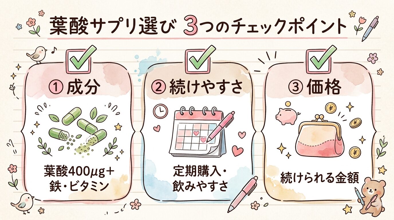 葉酸サプリ選びの3つのチェックポイント図解