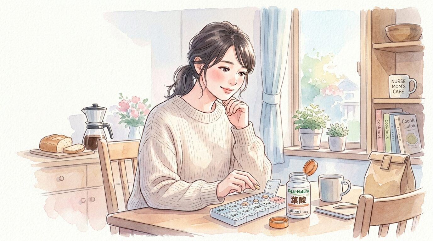 ディアナチュラの葉酸サプリを朝のキッチンで飲む看護師ママのイメージ