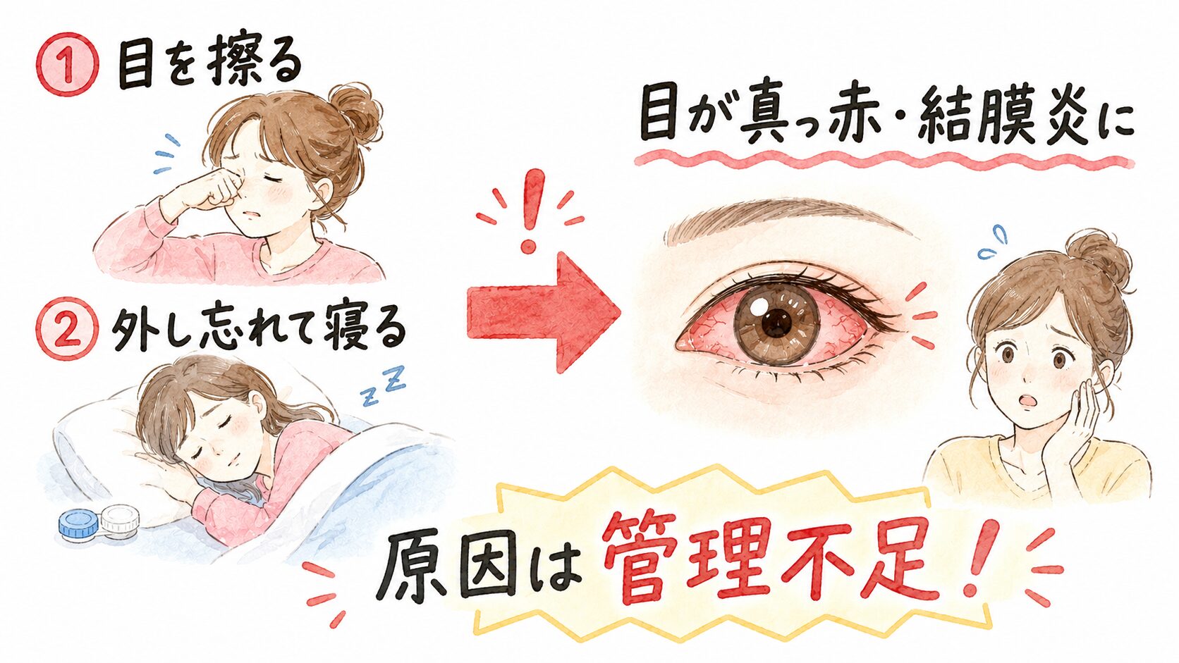 目を擦る・コンタクトを外し忘れて寝ることで結膜炎になった流れの図解(原因は管理不足)