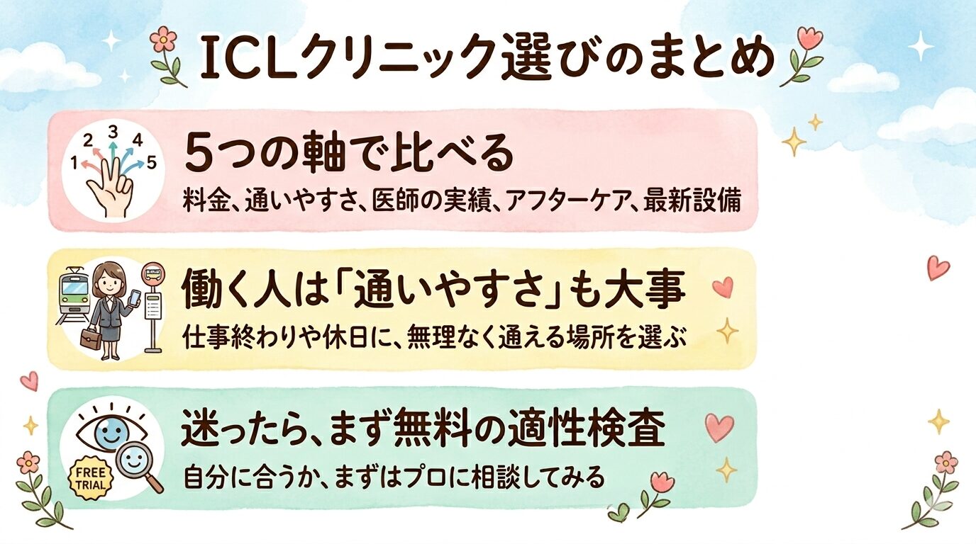 ICLクリニック選びのまとめ 5つの軸で比べる 通いやすさ 迷ったら無料の適性検査