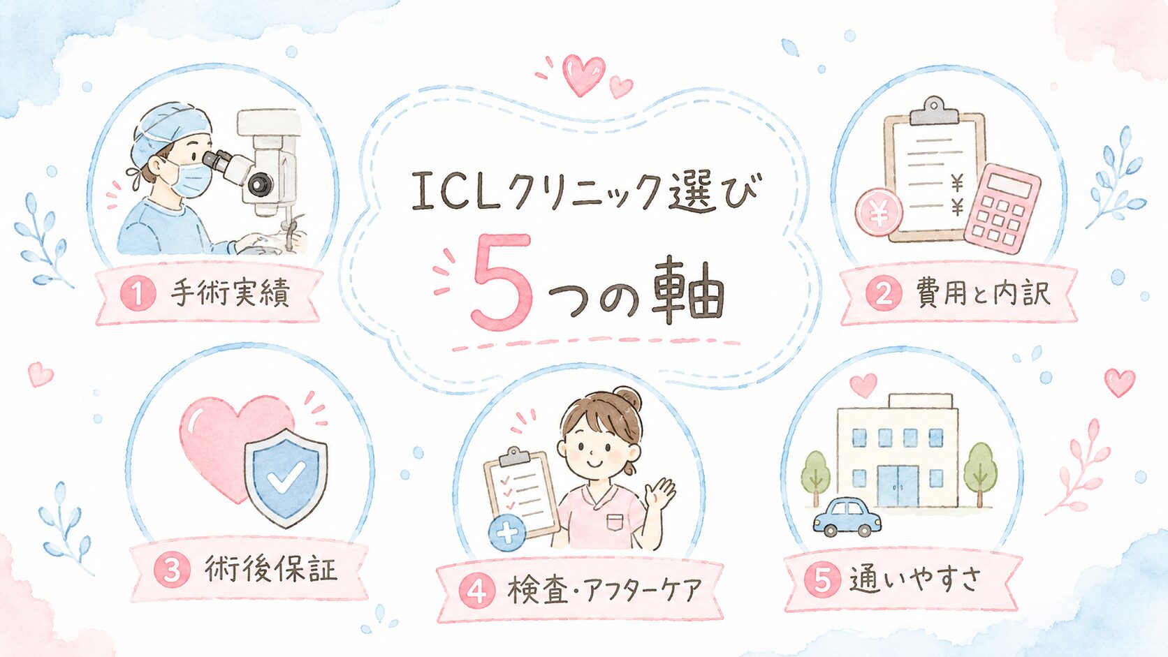 ICLクリニック選びで見たい5つの軸 手術実績 費用と内訳 術後保証 検査アフターケア 通いやすさ