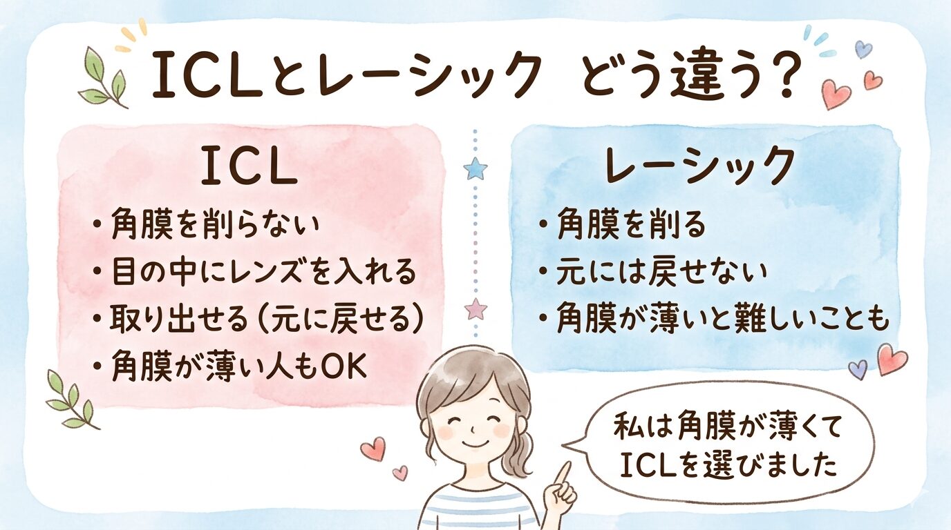 ICLとレーシックの違い 角膜を削らないICLと角膜を削るレーシックの比較図