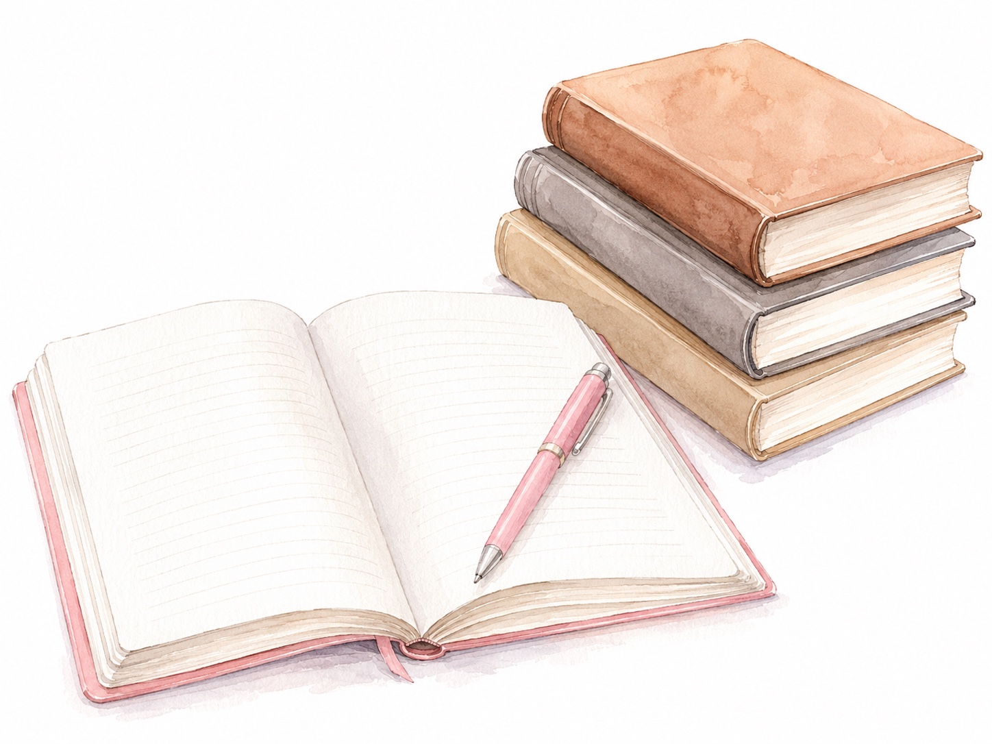 開いたノートとピンクのペン、積まれた参考書の水彩イラスト