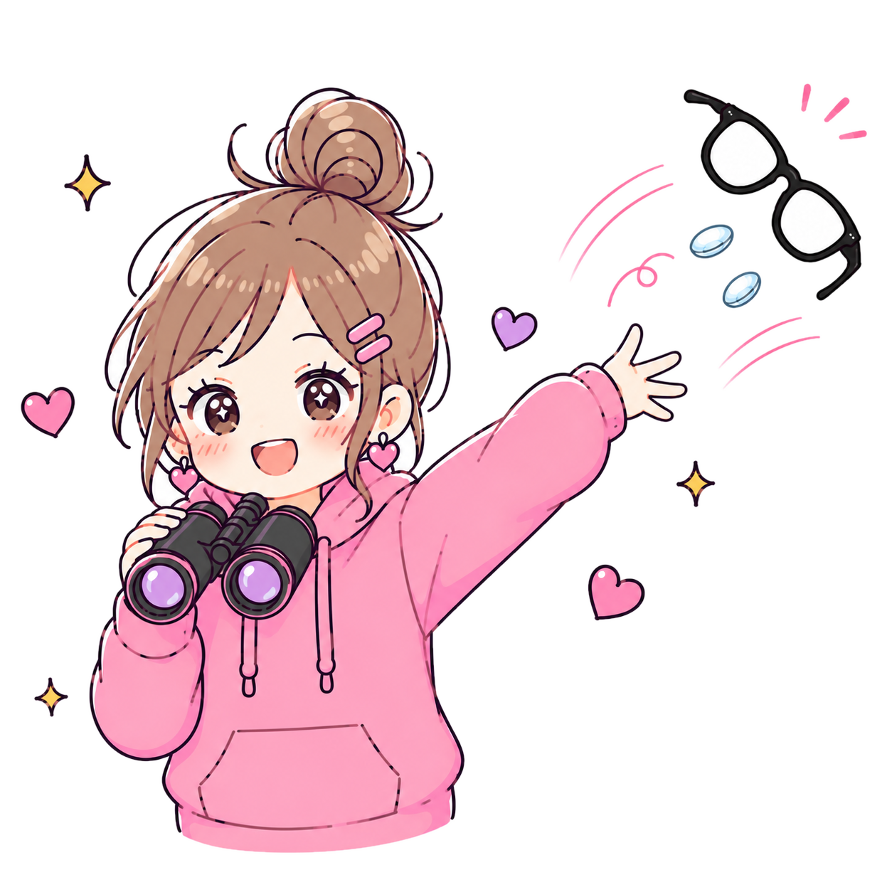 メガネとコンタクトを手放し、双眼鏡を構える推し活女子のイラスト